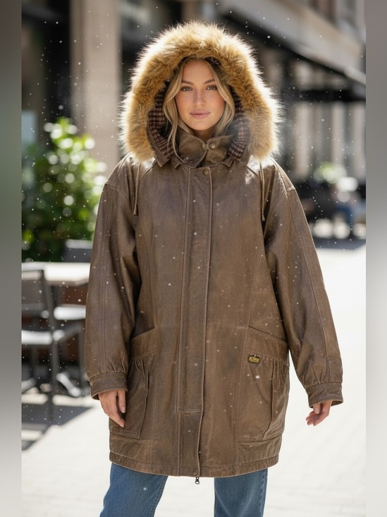 wild cats Jackets & Blazers - Wild Cats Pelsnoer Denmark Women Brown Leather Plaid Lining Hooded Jacket Coat L